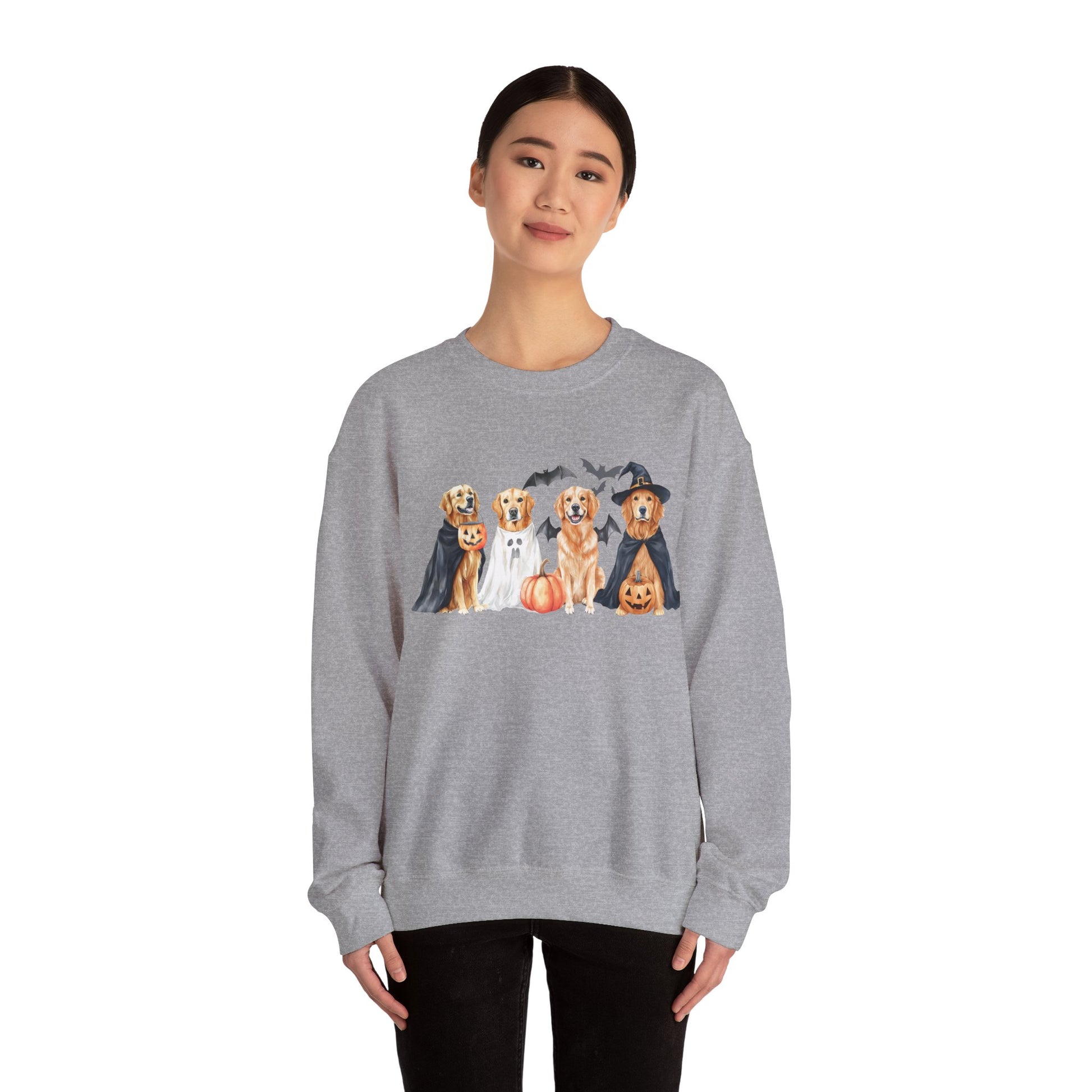 Halloween Golden Retriever Pullover Sweatshirt with Pumpkin & Ghost Design Red