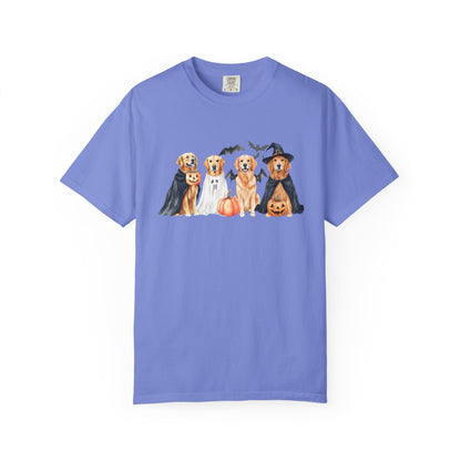 Funny Halloween Dog T-Shirt – Cute Golden Retriever Graphic Tee with Pumpkins, Bats & Spooky Costume Flo Blue