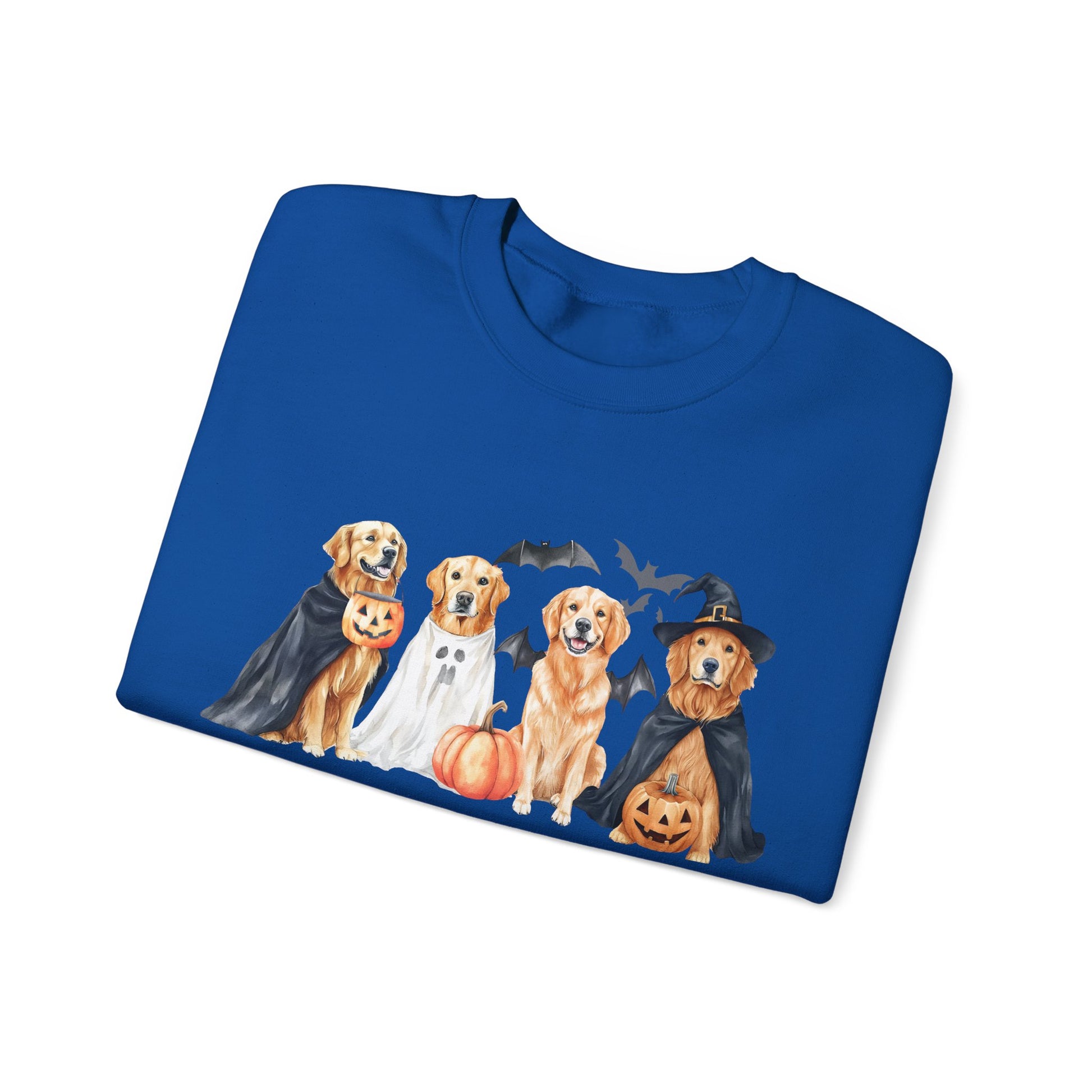 Halloween Golden Retriever Pullover Sweatshirt with Pumpkin & Ghost Design Red