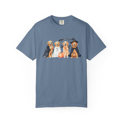 Funny Halloween Dog T-Shirt – Cute Golden Retriever Graphic Tee with Pumpkins, Bats & Spooky Costume Blue Jean