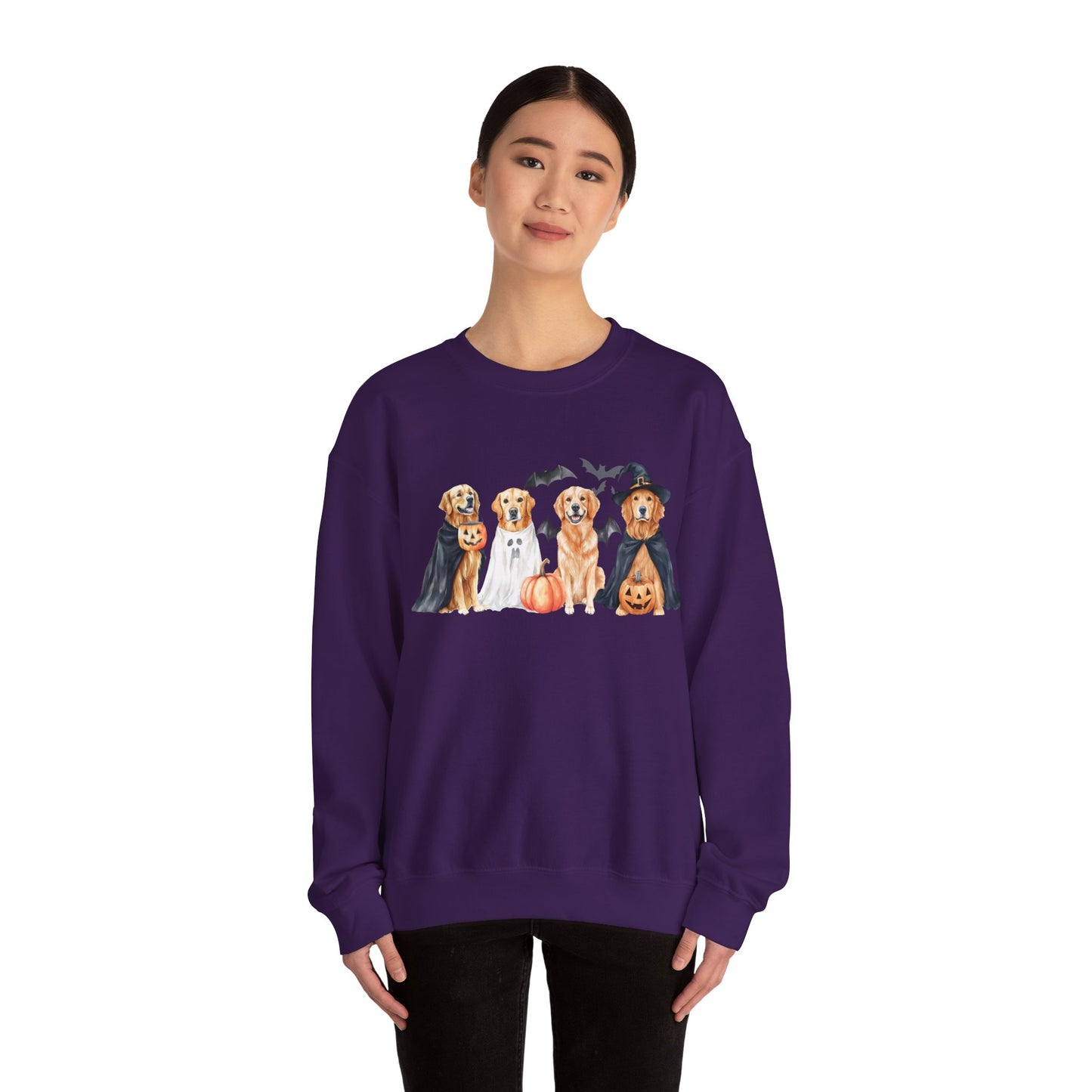 Halloween Golden Retriever Pullover Sweatshirt with Pumpkin & Ghost Design Red