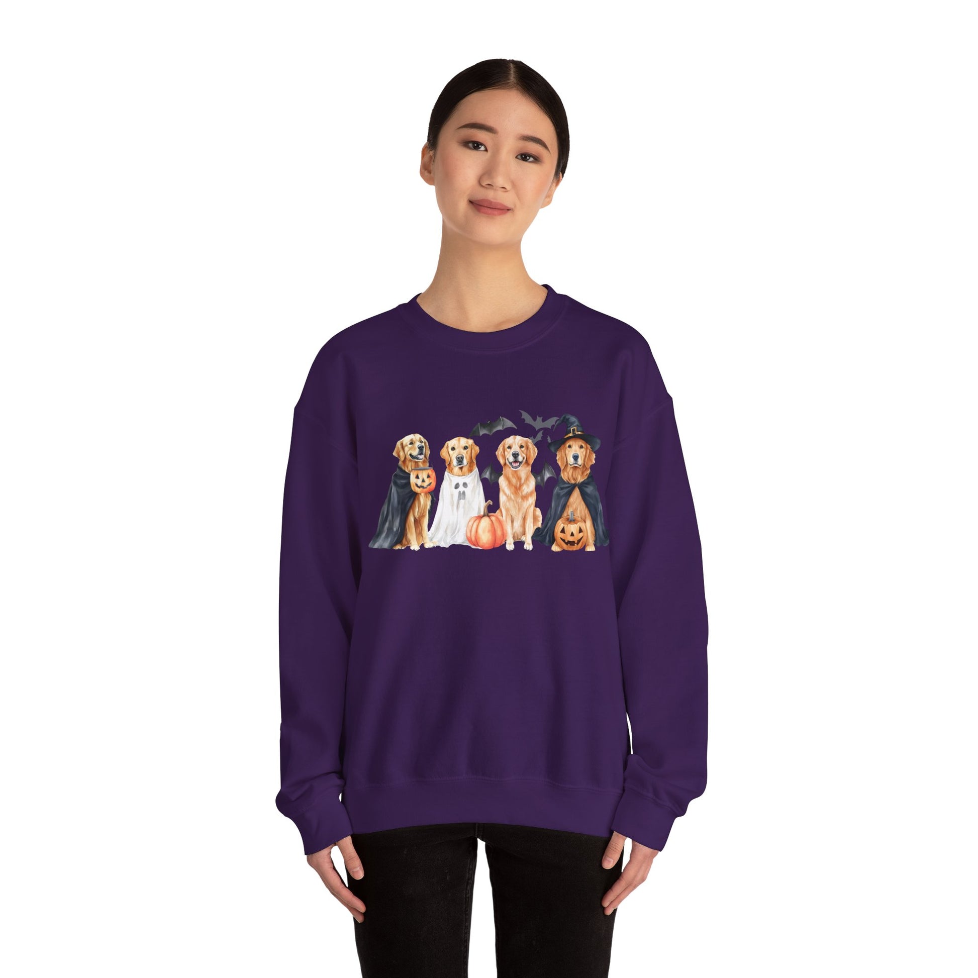 Halloween Golden Retriever Pullover Sweatshirt with Pumpkin & Ghost Design Red