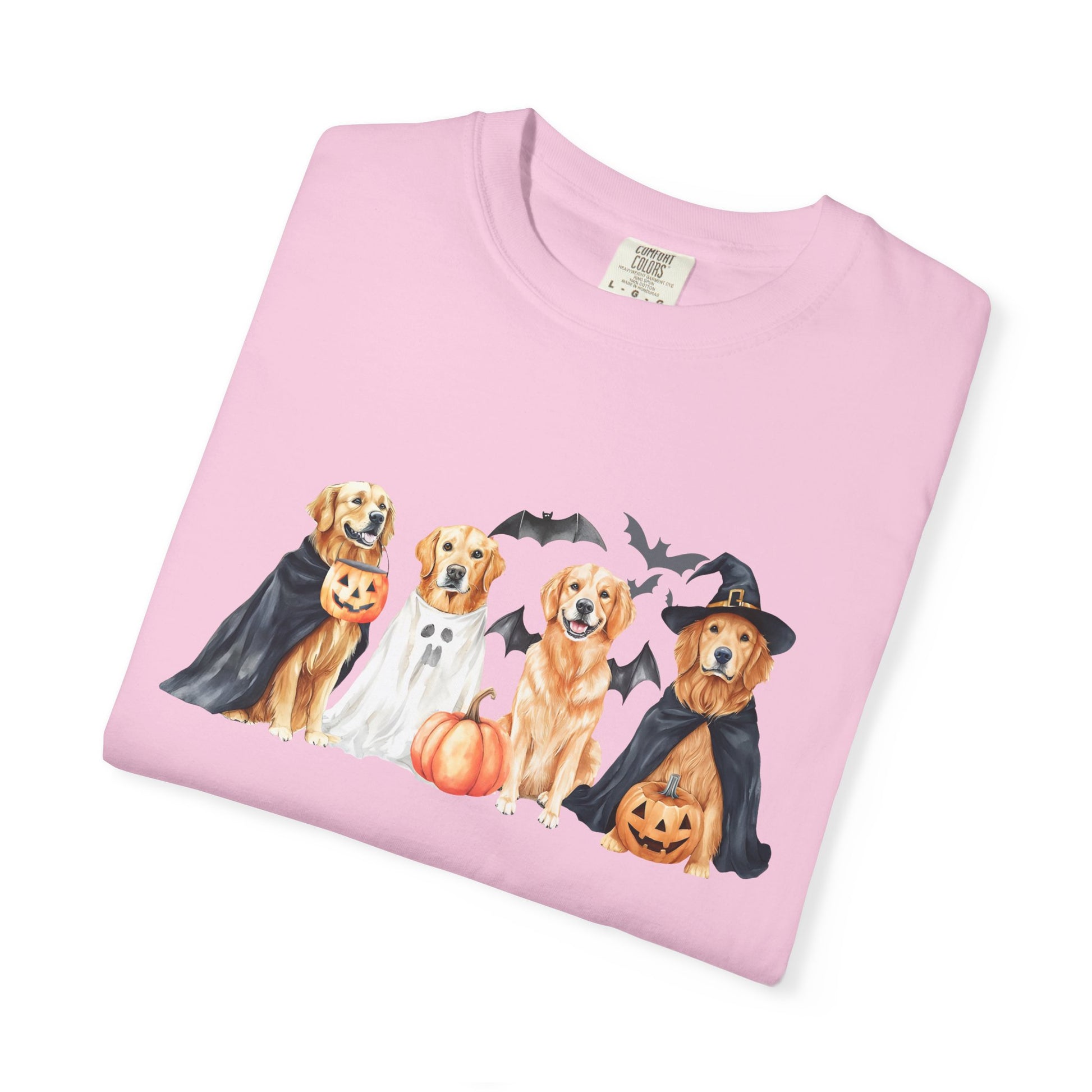 Funny Halloween Dog T-Shirt – Cute Golden Retriever Graphic Tee with Pumpkins, Bats & Spooky Costume Crimson