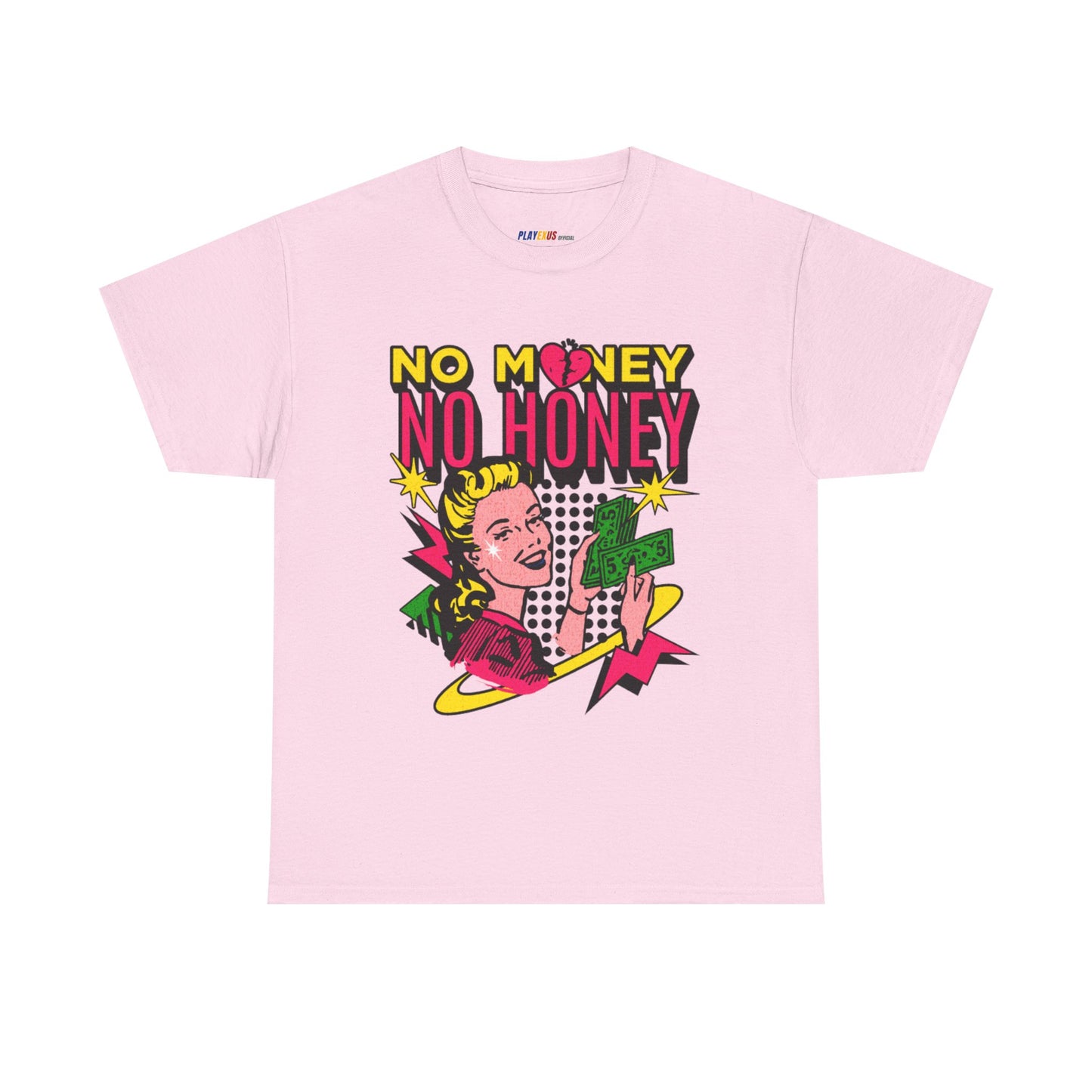 Playful Retro Graphic Tee - 'No Money No Honey' Light Pink