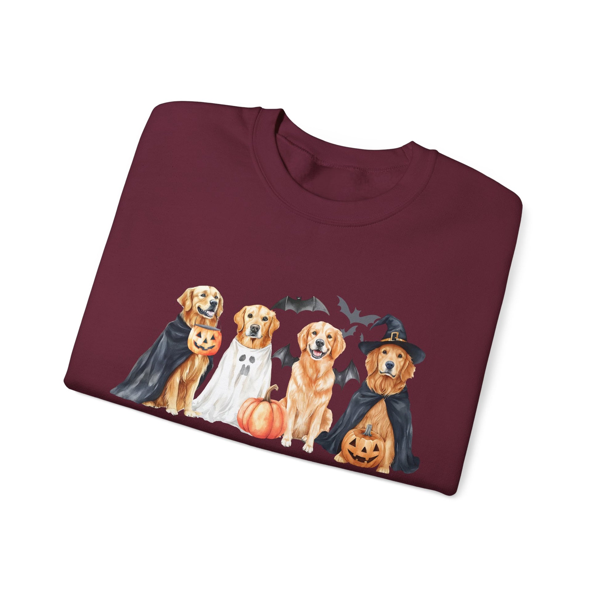 Halloween Golden Retriever Pullover Sweatshirt with Pumpkin & Ghost Design Red