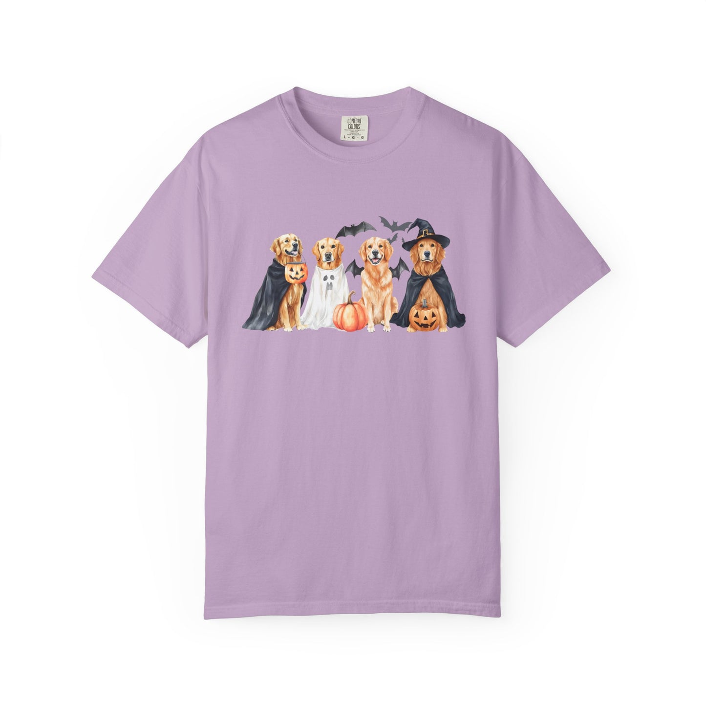Funny Halloween Dog T-Shirt – Cute Golden Retriever Graphic Tee with Pumpkins, Bats & Spooky Costume Orchid