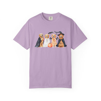 Funny Halloween Dog T-Shirt – Cute Golden Retriever Graphic Tee with Pumpkins, Bats & Spooky Costume Orchid