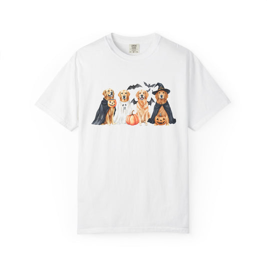 Funny Halloween Dog T-Shirt – Cute Golden Retriever Graphic Tee with Pumpkins, Bats & Spooky Costume White