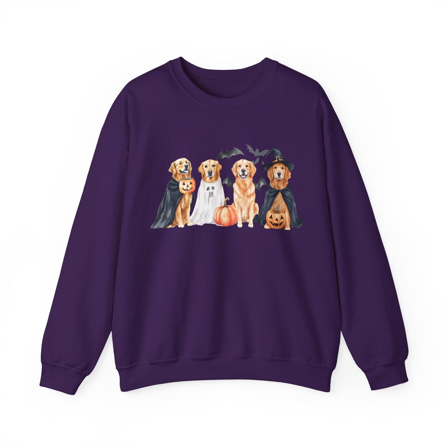 Halloween Golden Retriever Pullover Sweatshirt with Pumpkin & Ghost Design Purple
