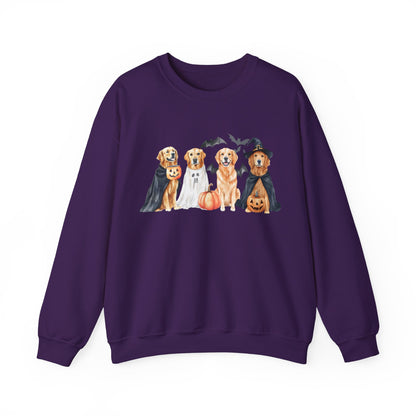 Halloween Golden Retriever Pullover Sweatshirt with Pumpkin & Ghost Design Purple