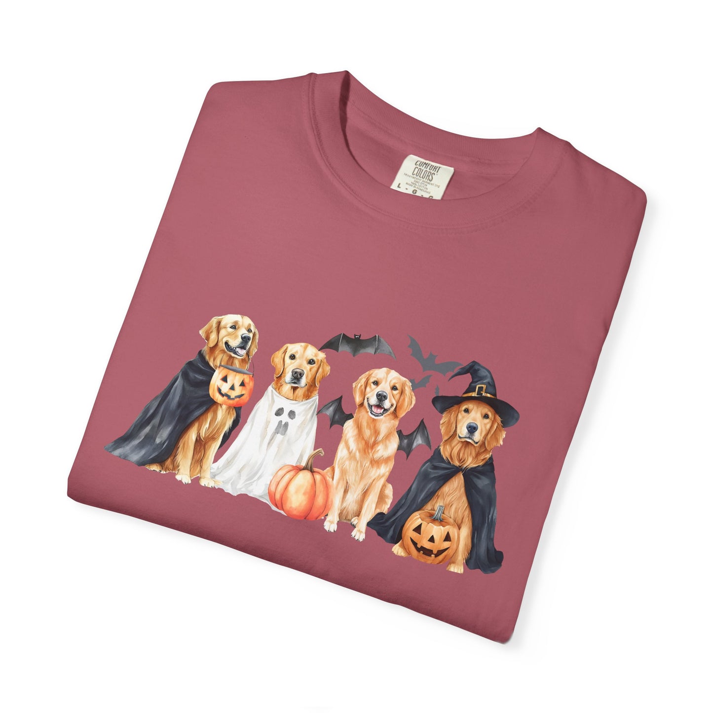 Funny Halloween Dog T-Shirt – Cute Golden Retriever Graphic Tee with Pumpkins, Bats & Spooky Costume Crimson