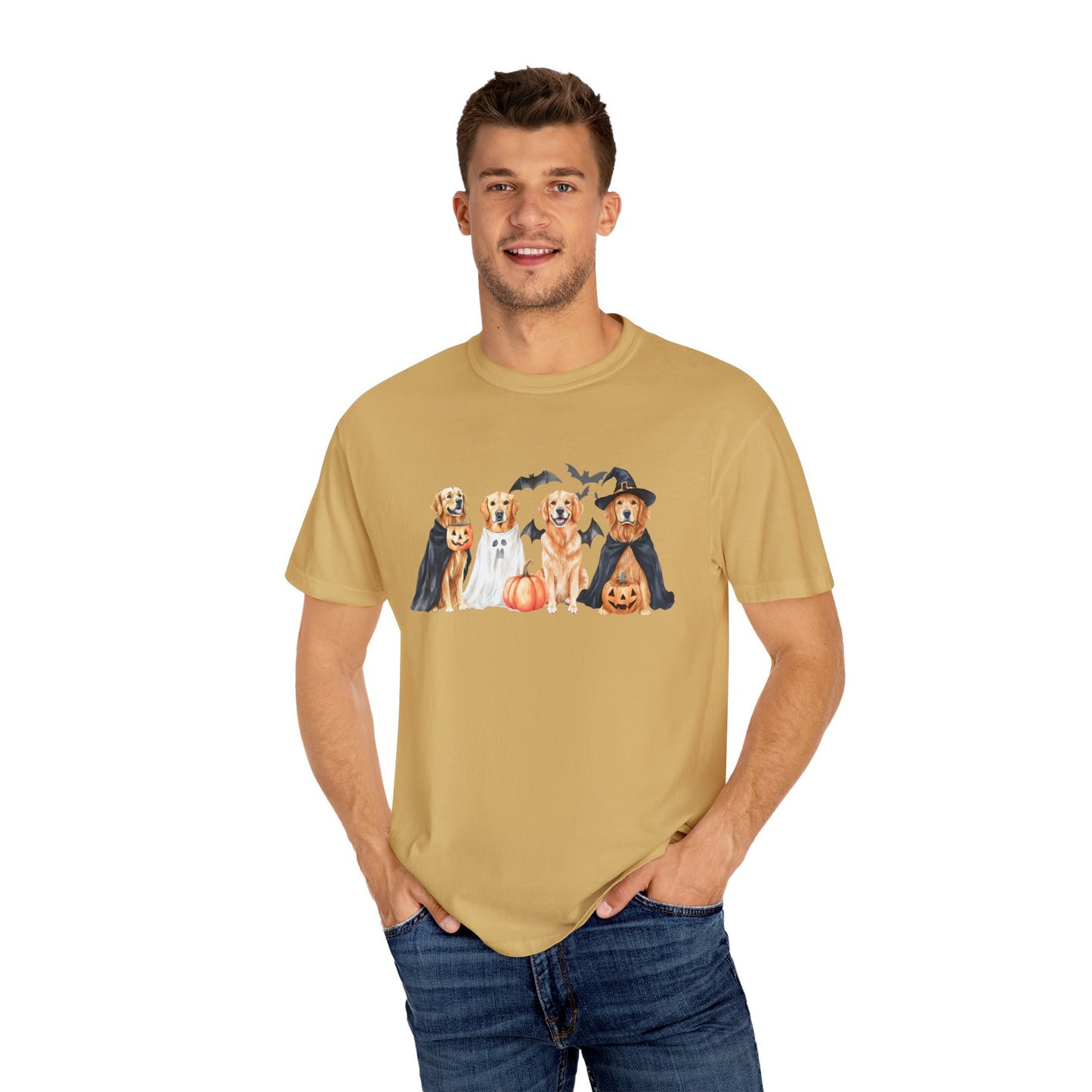 Funny Halloween Dog T-Shirt – Cute Golden Retriever Graphic Tee with Pumpkins, Bats & Spooky Costume Crimson