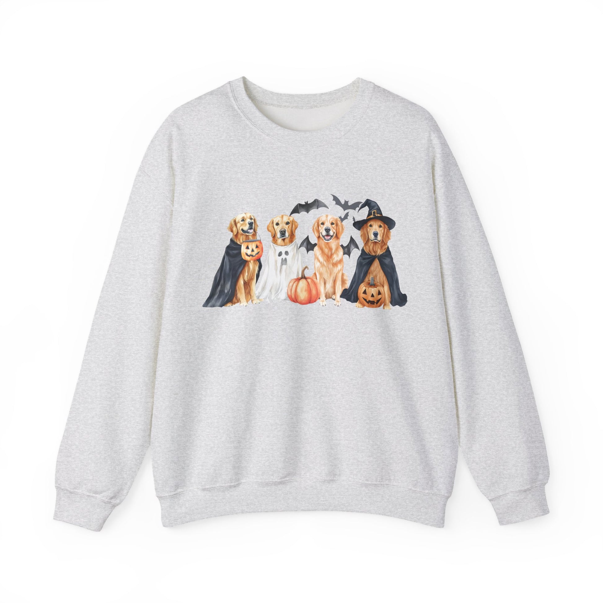 Halloween Golden Retriever Pullover Sweatshirt with Pumpkin & Ghost Design Ash