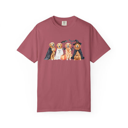 Funny Halloween Dog T-Shirt – Cute Golden Retriever Graphic Tee with Pumpkins, Bats & Spooky Costume Crimson