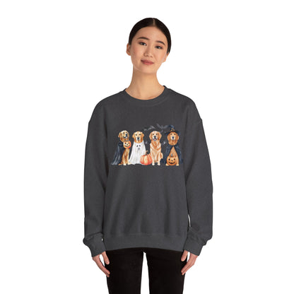 Halloween Golden Retriever Pullover Sweatshirt with Pumpkin & Ghost Design Red
