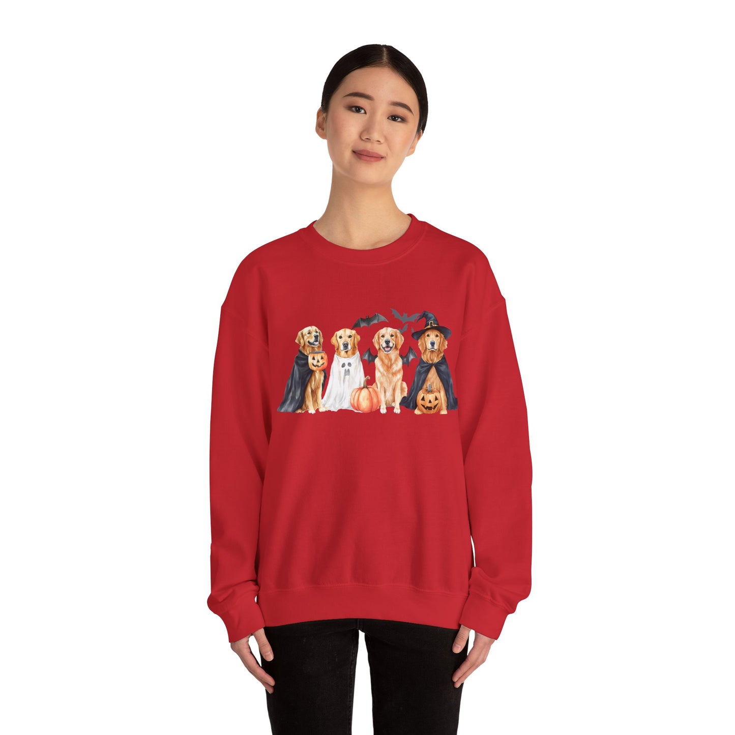 Halloween Golden Retriever Pullover Sweatshirt with Pumpkin & Ghost Design Red