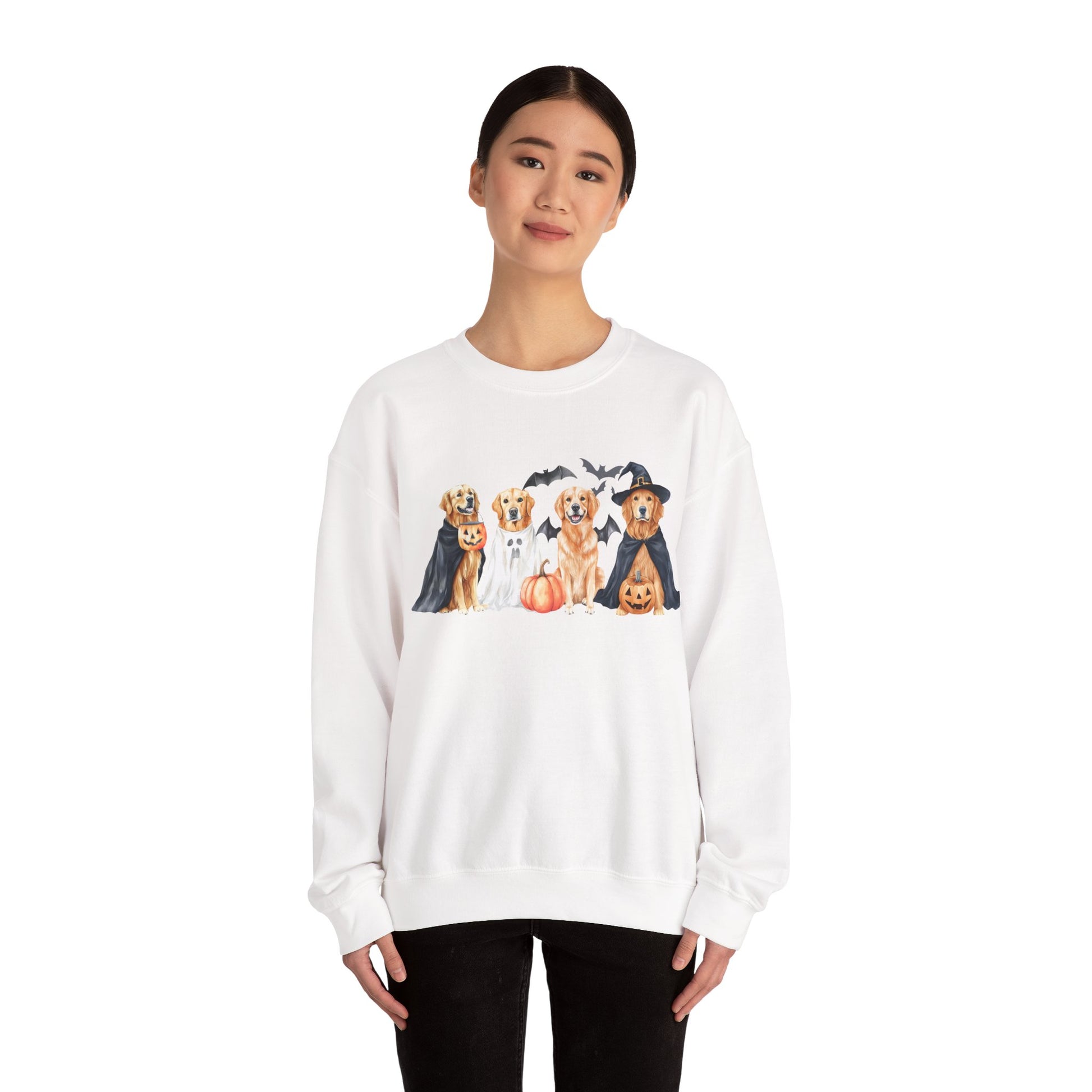 Halloween Golden Retriever Pullover Sweatshirt with Pumpkin & Ghost Design Red