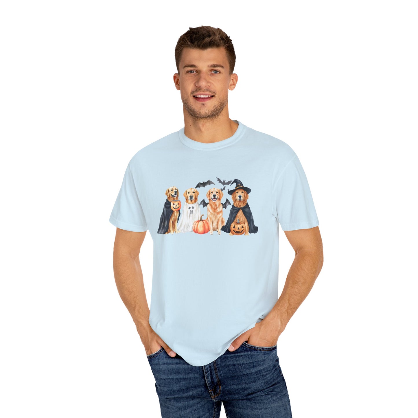 Funny Halloween Dog T-Shirt – Cute Golden Retriever Graphic Tee with Pumpkins, Bats & Spooky Costume Crimson
