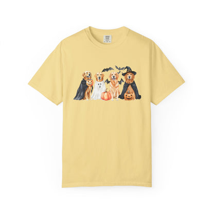 Funny Halloween Dog T-Shirt – Cute Golden Retriever Graphic Tee with Pumpkins, Bats & Spooky Costume Butter