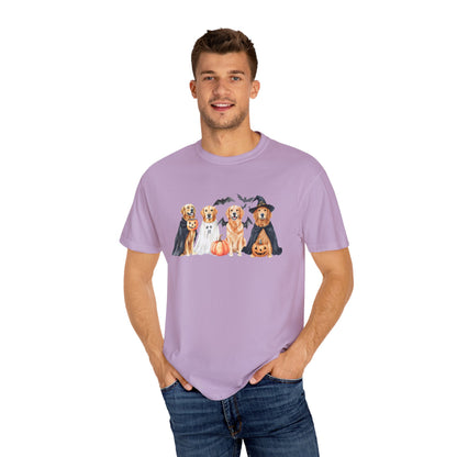 Funny Halloween Dog T-Shirt – Cute Golden Retriever Graphic Tee with Pumpkins, Bats & Spooky Costume Crimson
