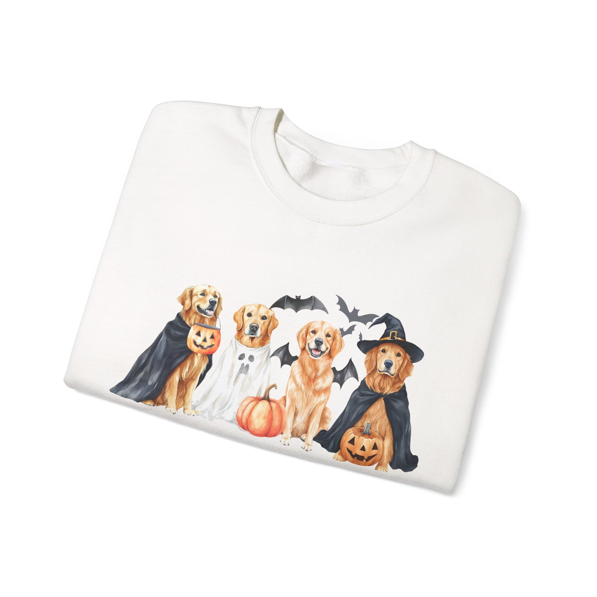 Halloween Golden Retriever Pullover Sweatshirt with Pumpkin & Ghost Design Red