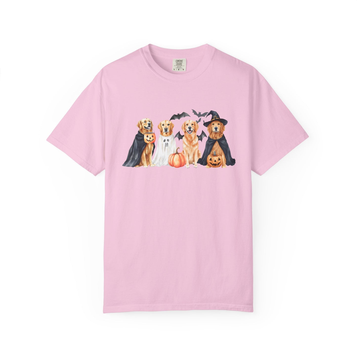 Funny Halloween Dog T-Shirt – Cute Golden Retriever Graphic Tee with Pumpkins, Bats & Spooky Costume Blossom