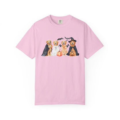 Funny Halloween Dog T-Shirt – Cute Golden Retriever Graphic Tee with Pumpkins, Bats & Spooky Costume Blossom