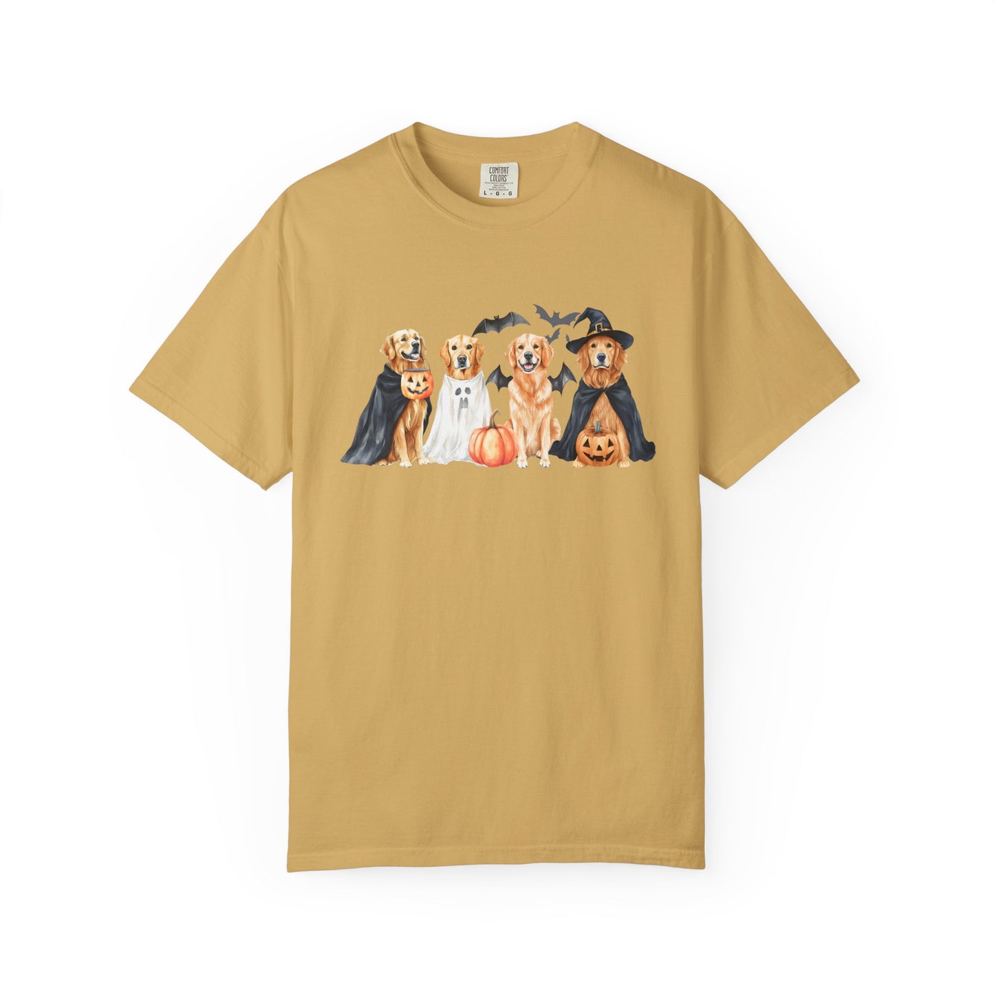 Funny Halloween Dog T-Shirt – Cute Golden Retriever Graphic Tee with Pumpkins, Bats & Spooky Costume Mustard