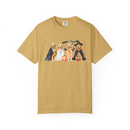 Funny Halloween Dog T-Shirt – Cute Golden Retriever Graphic Tee with Pumpkins, Bats & Spooky Costume Mustard
