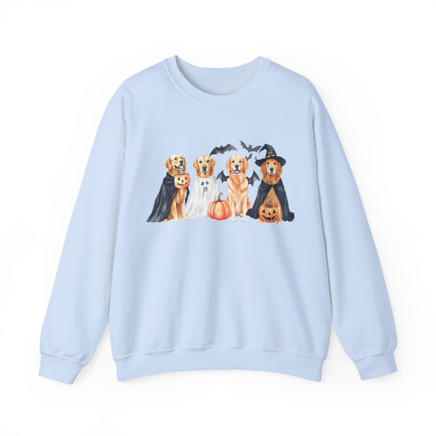 Halloween Golden Retriever Pullover Sweatshirt with Pumpkin & Ghost Design Light Blue