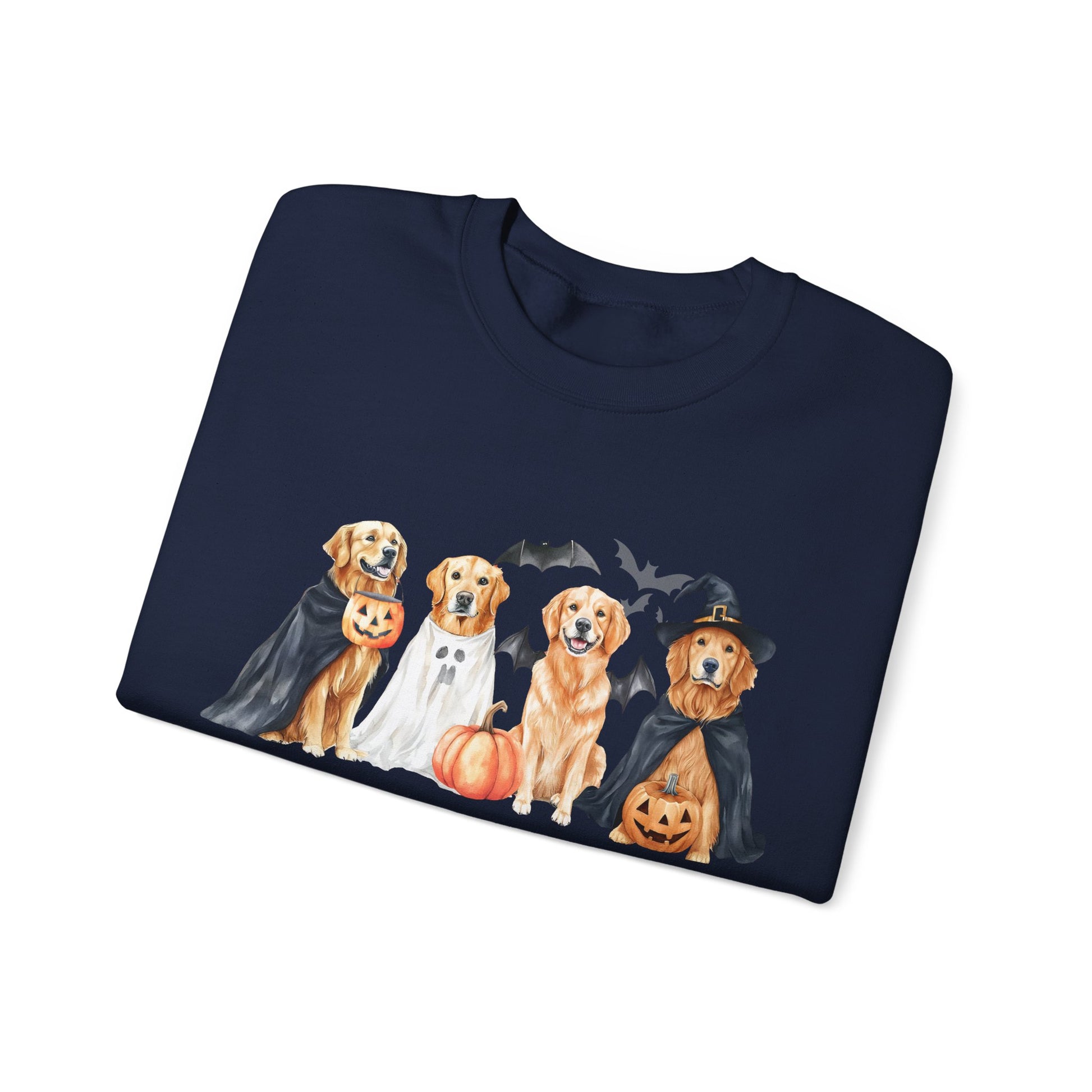 Halloween Golden Retriever Pullover Sweatshirt with Pumpkin & Ghost Design Red