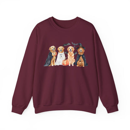 Halloween Golden Retriever Pullover Sweatshirt with Pumpkin & Ghost Design Maroon