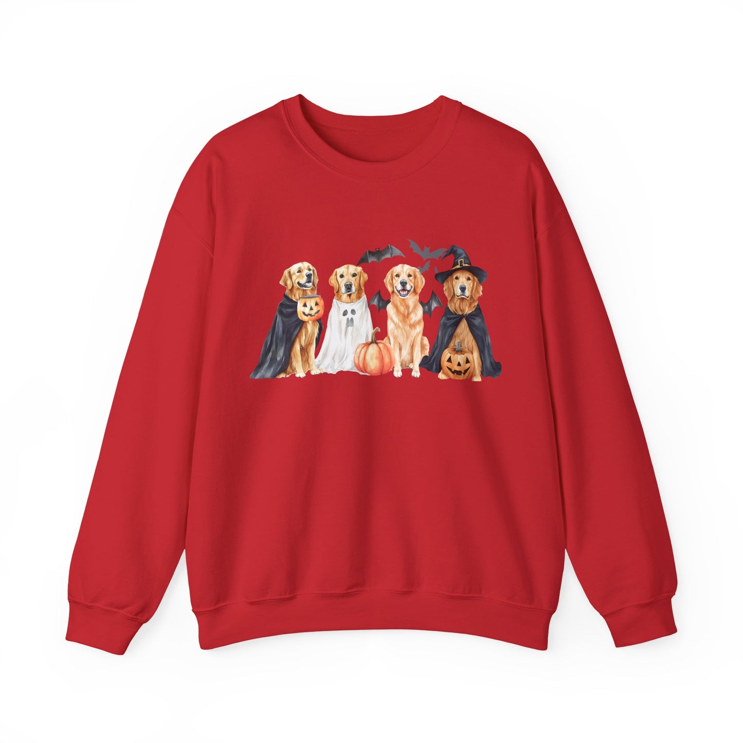 Halloween Golden Retriever Pullover Sweatshirt with Pumpkin & Ghost Design Red