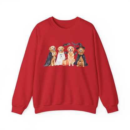 Halloween Golden Retriever Pullover Sweatshirt with Pumpkin & Ghost Design Red